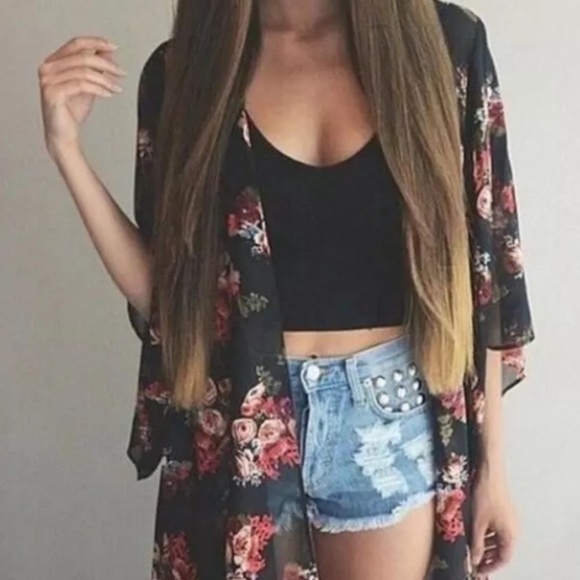 Sweaters - Semi Sheer Black Red Roses Kimono Open Cardigan